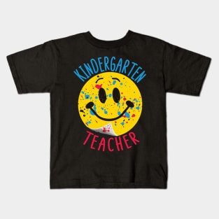 Kindergarten Teacher Paint Splattered Smiley Face Sticker Kids T-Shirt